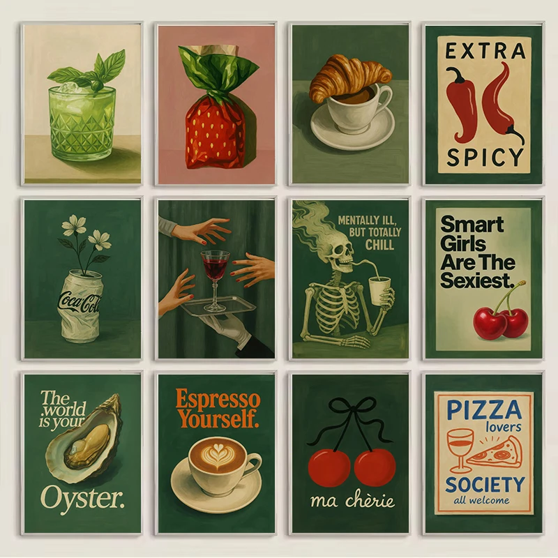 1pc Frameless Canvas Painting Retro Style Green Background Kitchen Still Life Coffee Drink Simple Poster Canvas Paintings Wall A