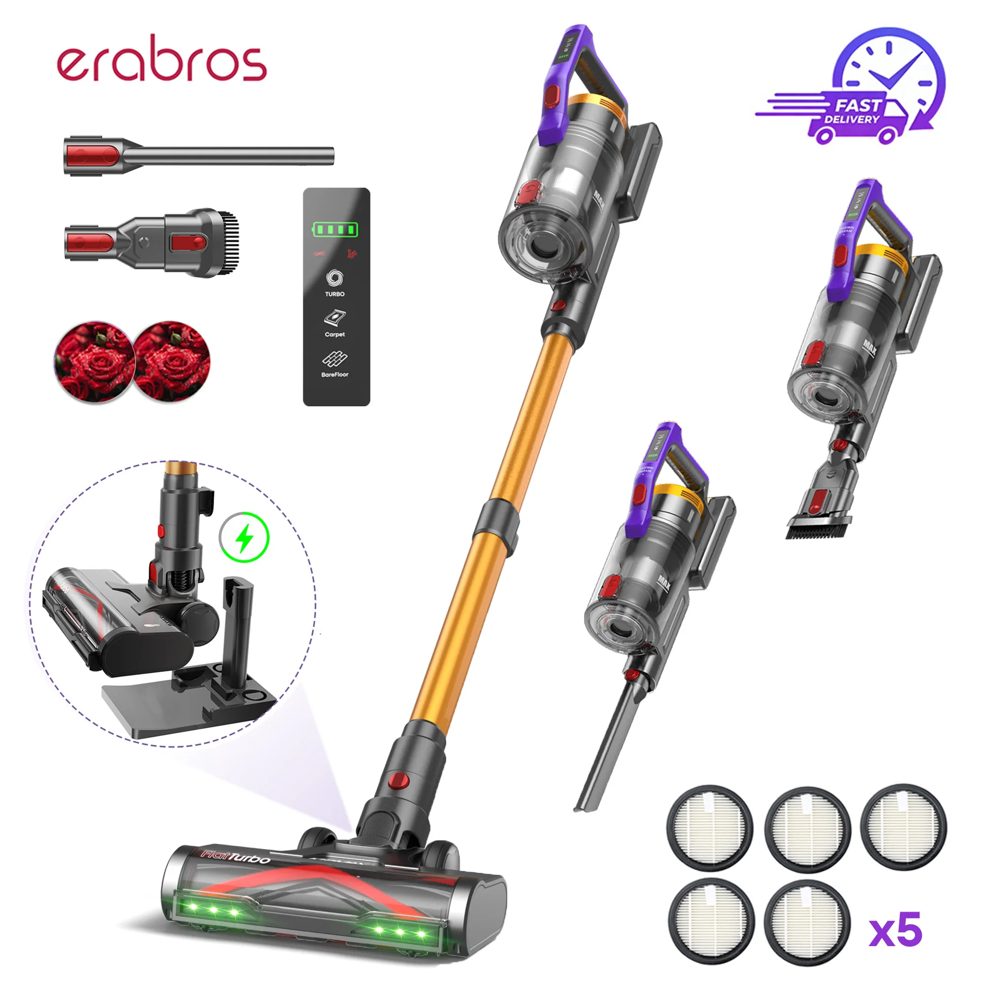 erabros EV7 Kabelloser Staubsauger, 70KPa, 550W, Handstaubsauger, 70 Minuten Laufzeit, mit Ladestation, 1.5L Staubbecher,Aromafunktion,Anti-Tangle-Bürste,Selbststehend,für