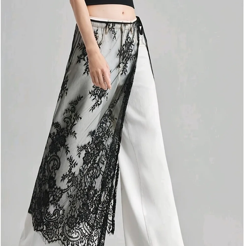 Apron Long Skirt Y2K Lace Petticoat Mesh Flower Lace Underskirt Slips 70cm Transparent Lace-up Midi Dress Girls view 3