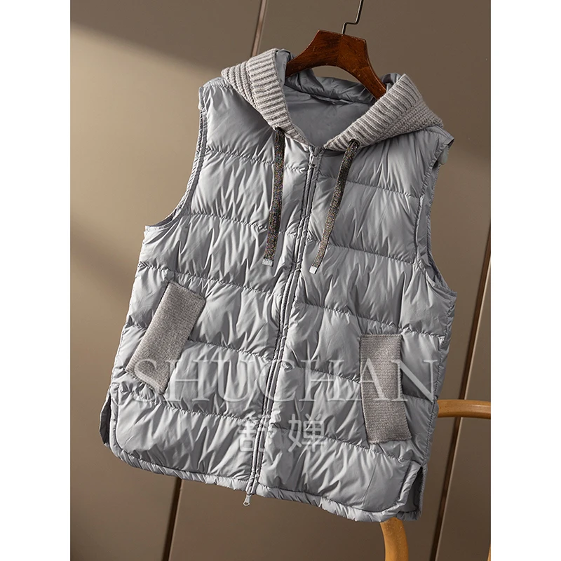 90% White Goose Down Knitted Hooded Vest Down Jacket Women Casacos De Inverno Feminino 2024