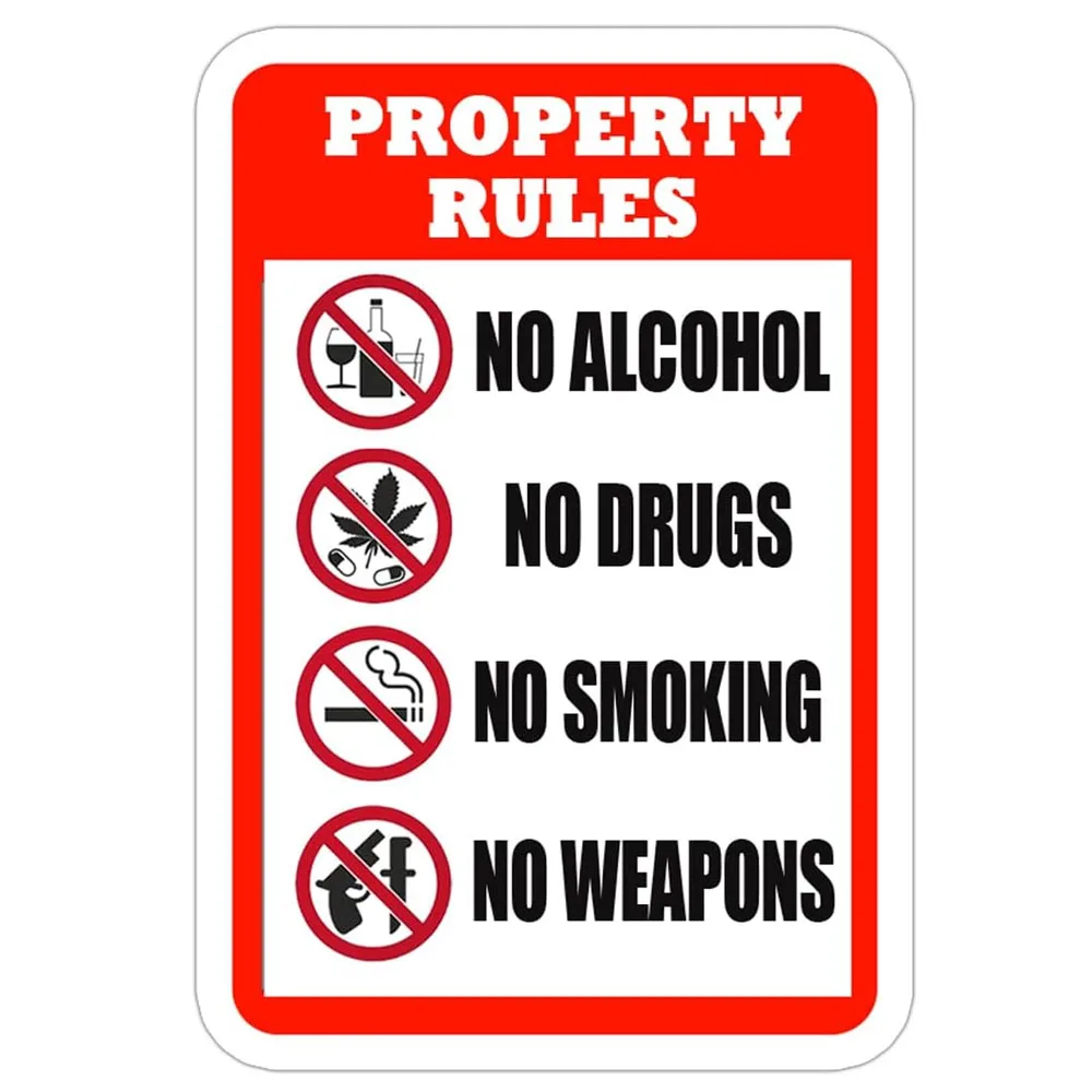 Property Rules Enforced No Alcohol Drugs Smoking Label Decal 7x5 Inches Property Rules Sign Vinyl for Alcohol Drugs Weapons 6Pcs