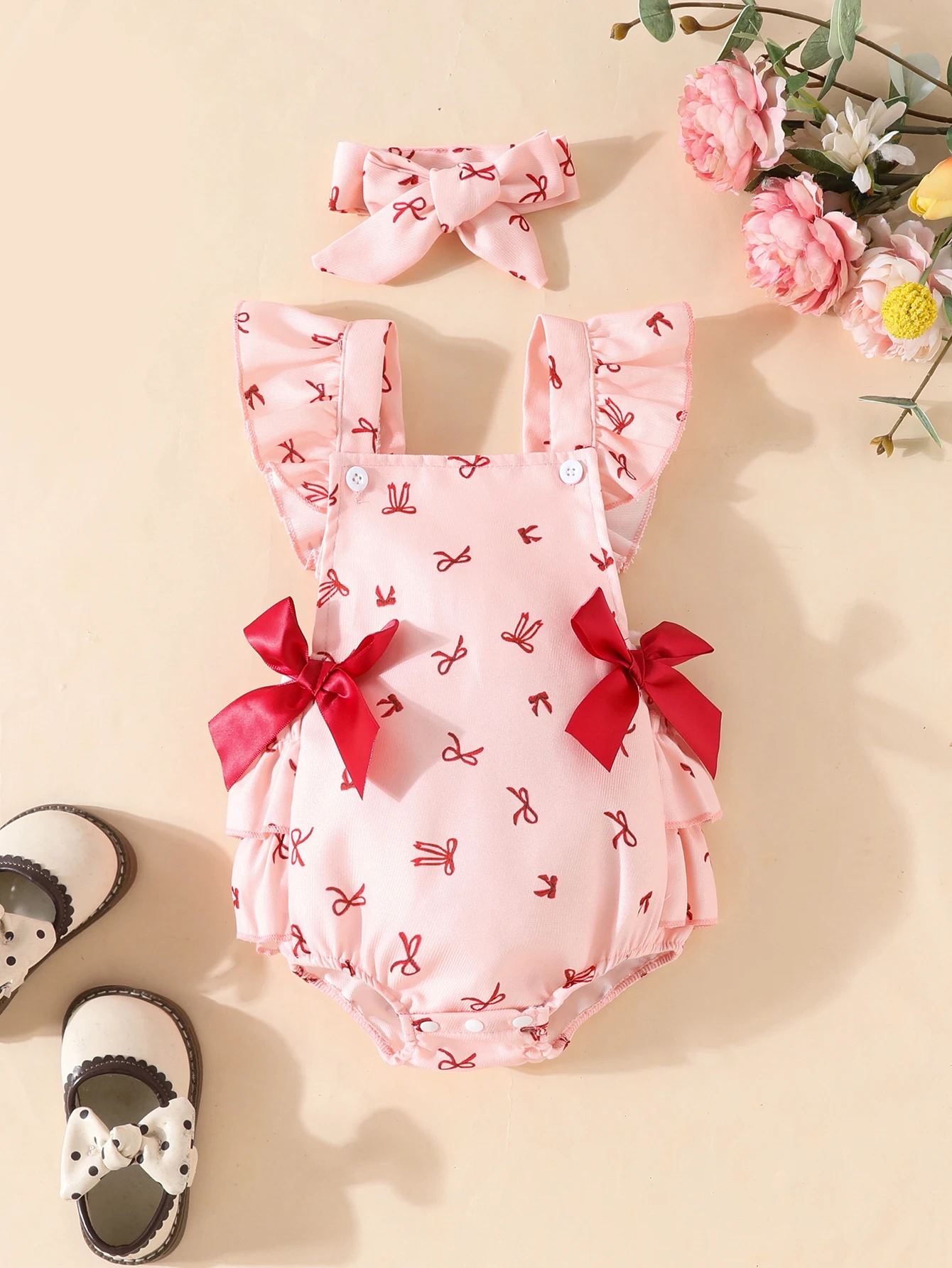 Newborn Baby Girl Summer Sweet and Cute Ribbon Bow Splicing Multi-Layered Ruffled Suspender Triangle Romper Suit Suitable for Daily Outing Party