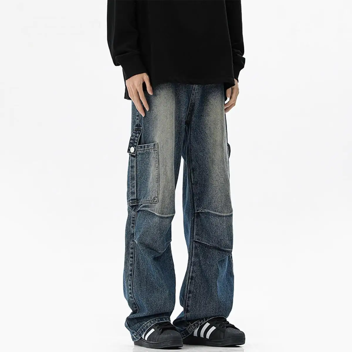 2026 Washed Retro Jeans Men's Straight Loose Wide-leg High Street Trendy Brand Pocket Tooling