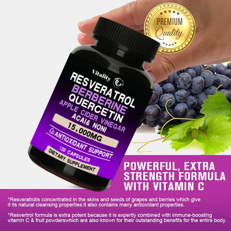 Resveratrol 15000Mg, Trans-Resveratrol Antioxidant Supplement Met, Helpt Bij Het Ondersteunen Van De Spijsvertering En Het Immuunsysteem, 120 Capsules