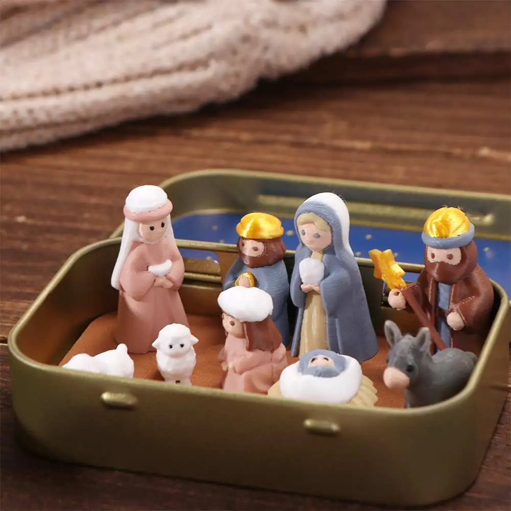 Metal Tin Box Mini Christmas Trough Set Holy Family 3D Printed Xmas Manger Ornaments Shepherd Animal Hand Painted