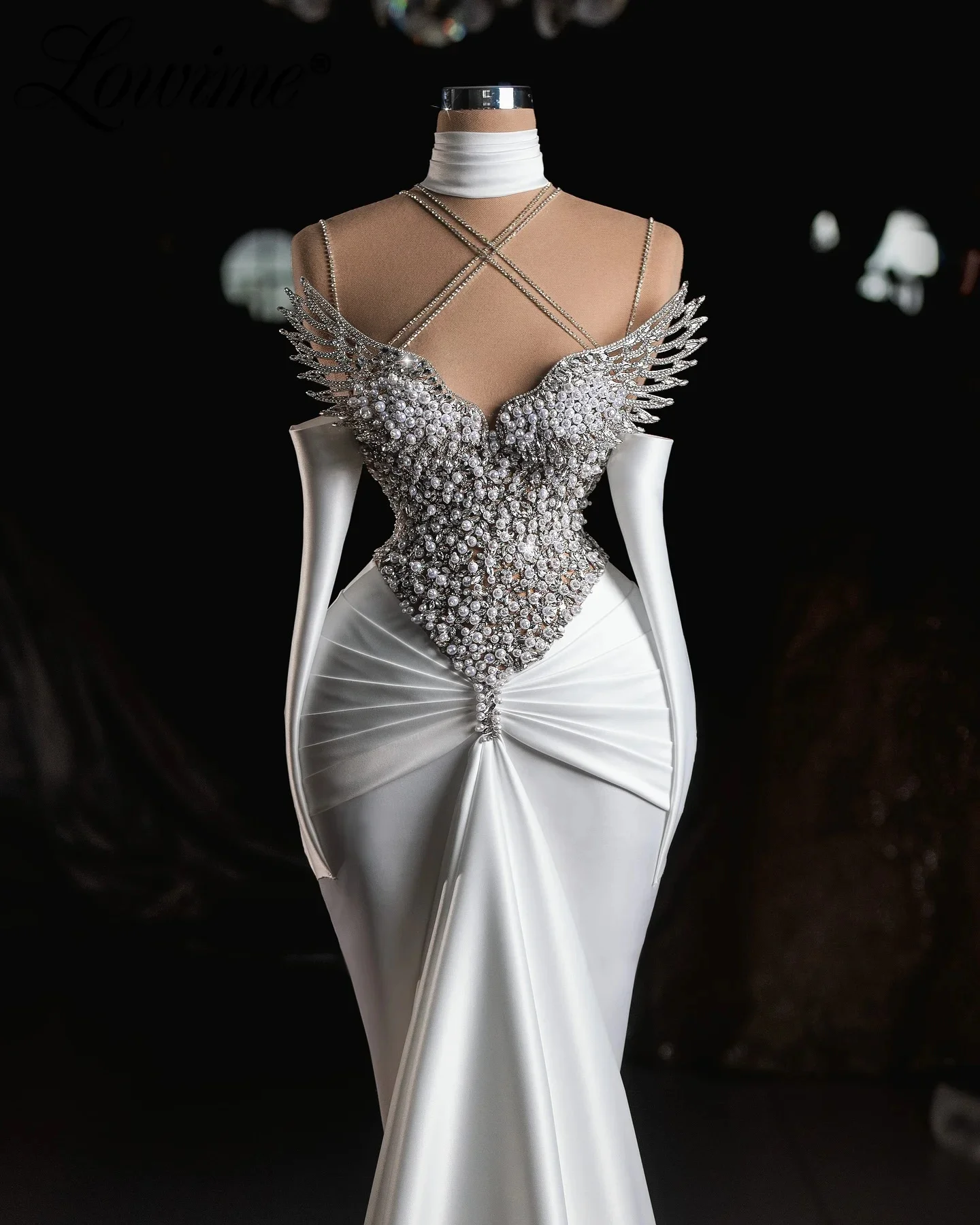 Vintage Pearls Wedding Dress Sleeveless Sequins Long Sleeve Bridal Dress Customized Beaded Sweep Train vestidos de novia