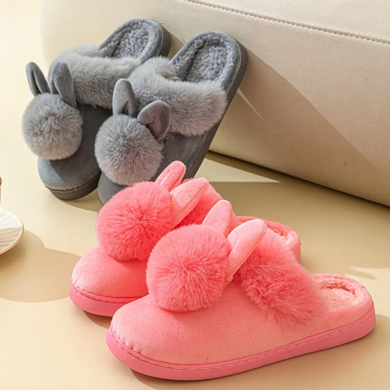 Comwarm Women's Warm Fuzzy Slippers Long Ears Couple Winter Thickened Plush Slippers Indoor Comfort Fluffy Slippers Cotton Shoes