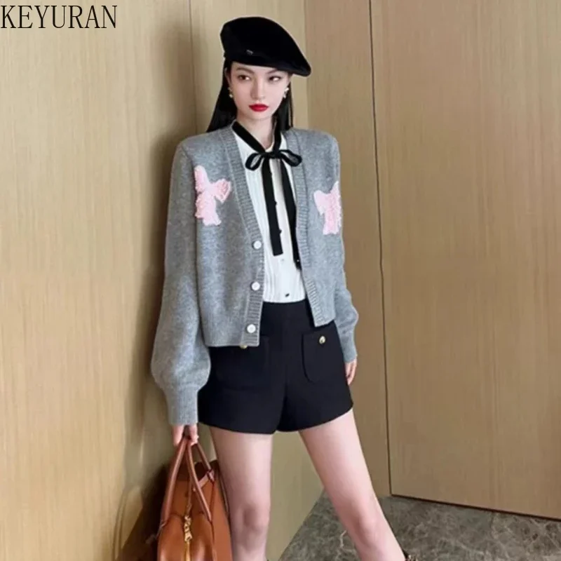 Autumn Winter Sweet Bow Beading Knitted Cardigan Women Vintage V-Neck Full Sleeve Sweater Korean Style Loose Short Knitting Tops