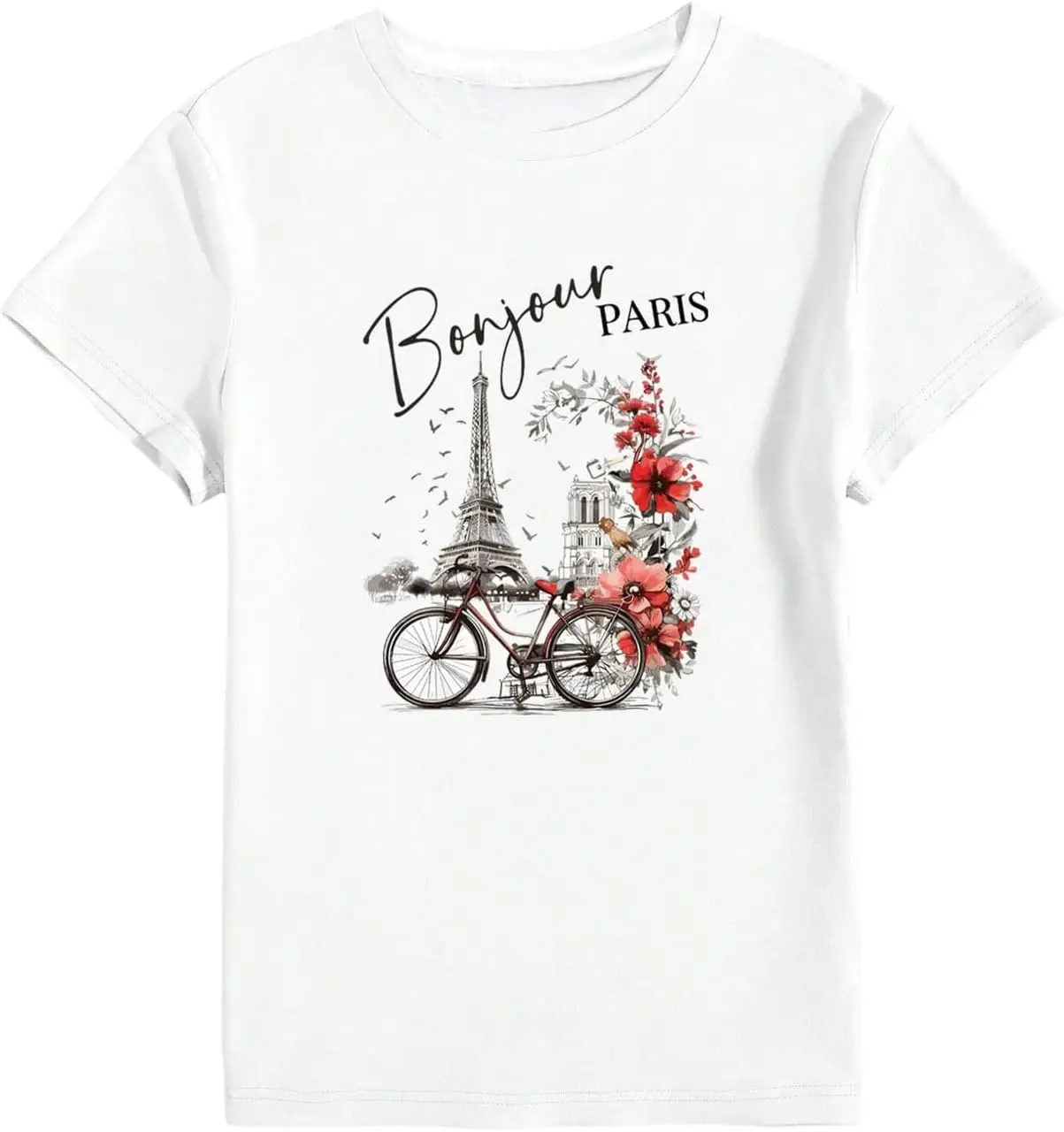 

Trend SweatyRocks Women's Paris Eiffel Tower Print 100% Cotton Fashion Loose T Shirt Round Neck Short Sleeve Graphic Tee Tops