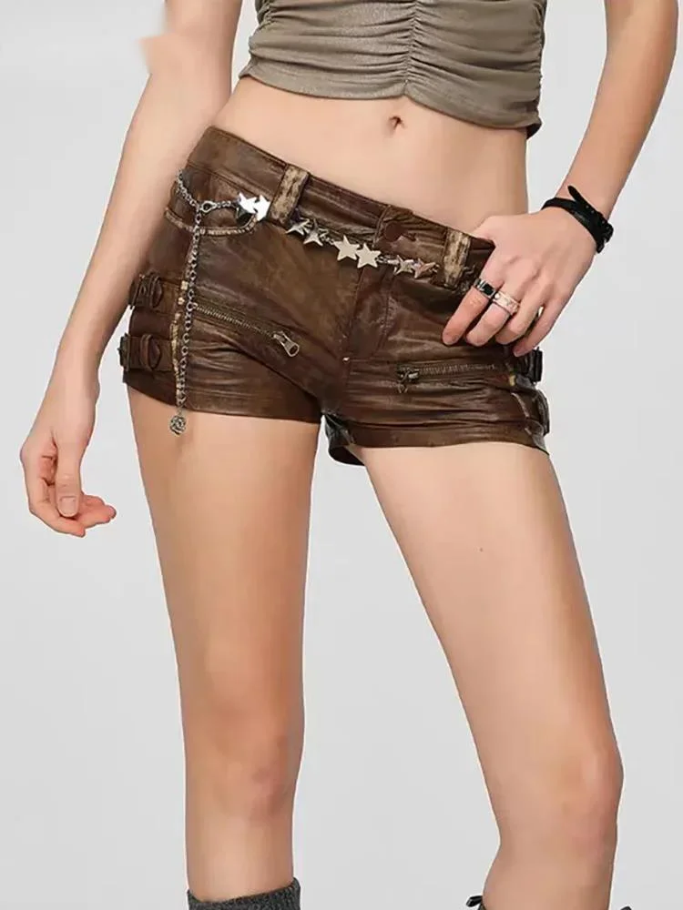 Fashion Brown Y2K PU Leather Shorts Women's Low Waist Multi Adjustable Buckle Hot Pants Summer New 0R1I