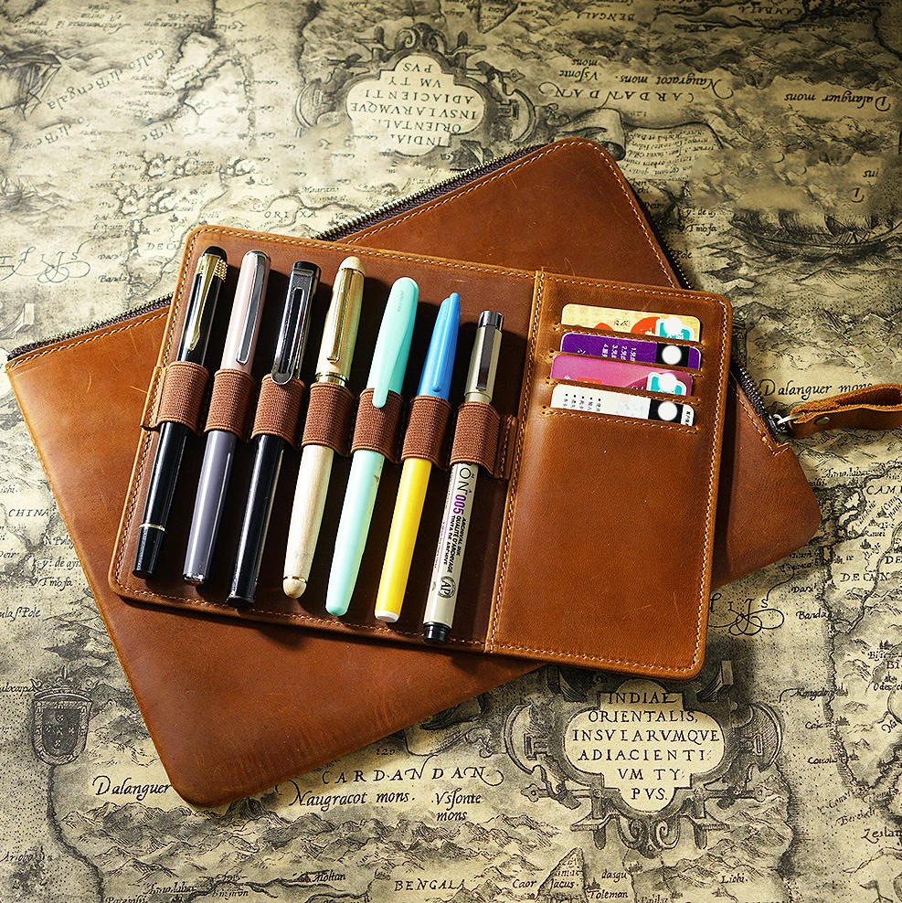One-piece Zipper Pen Case Retro Case Multiple Pen Slots Large-capacity Cowhide Bag Removable Pencil Clutch Bag