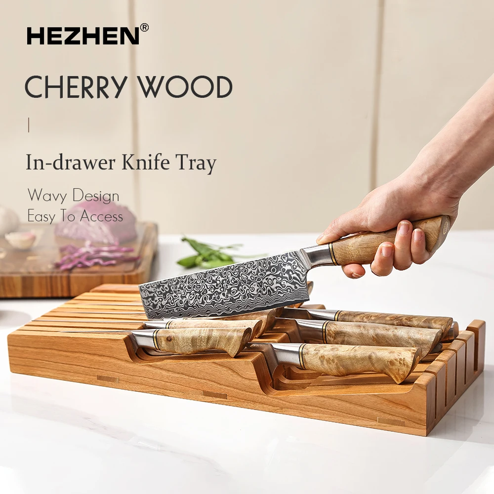 

HEZHEN Knife Storage Cherry Solid Wood 11 Slot In-drawer Knife Tray Easy to Access Knife Holder