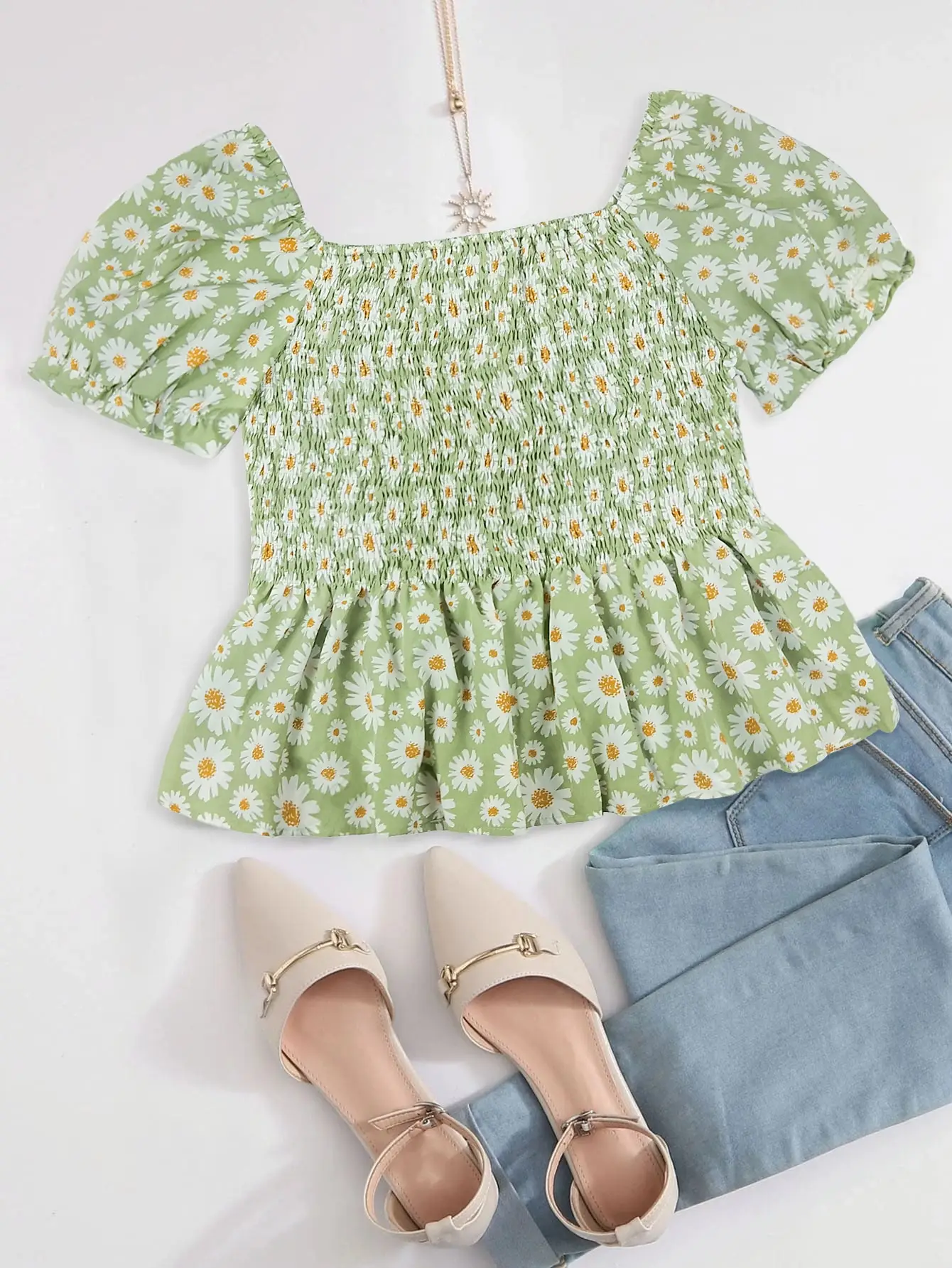 Women's Daisy Print Peplum Top, Casual Square Neck Puff Sleeve Smocked Blouse, Floral Summer Shirt For Ladies