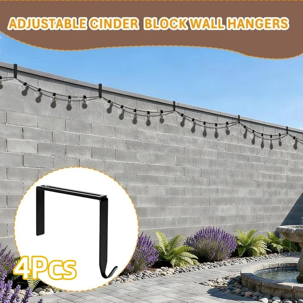 4Pcs Adjustable Block Wall Hangers Metal Black Outdoor Light String Hooks No Drill Rustproof String Light Hangers Cinder Block