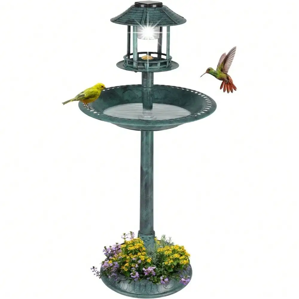 Garden Bird Baths Decorations with Solar-Powered Lamp and Resin Pedestal Flower Planter Base Bird Feeder for Yard Patio