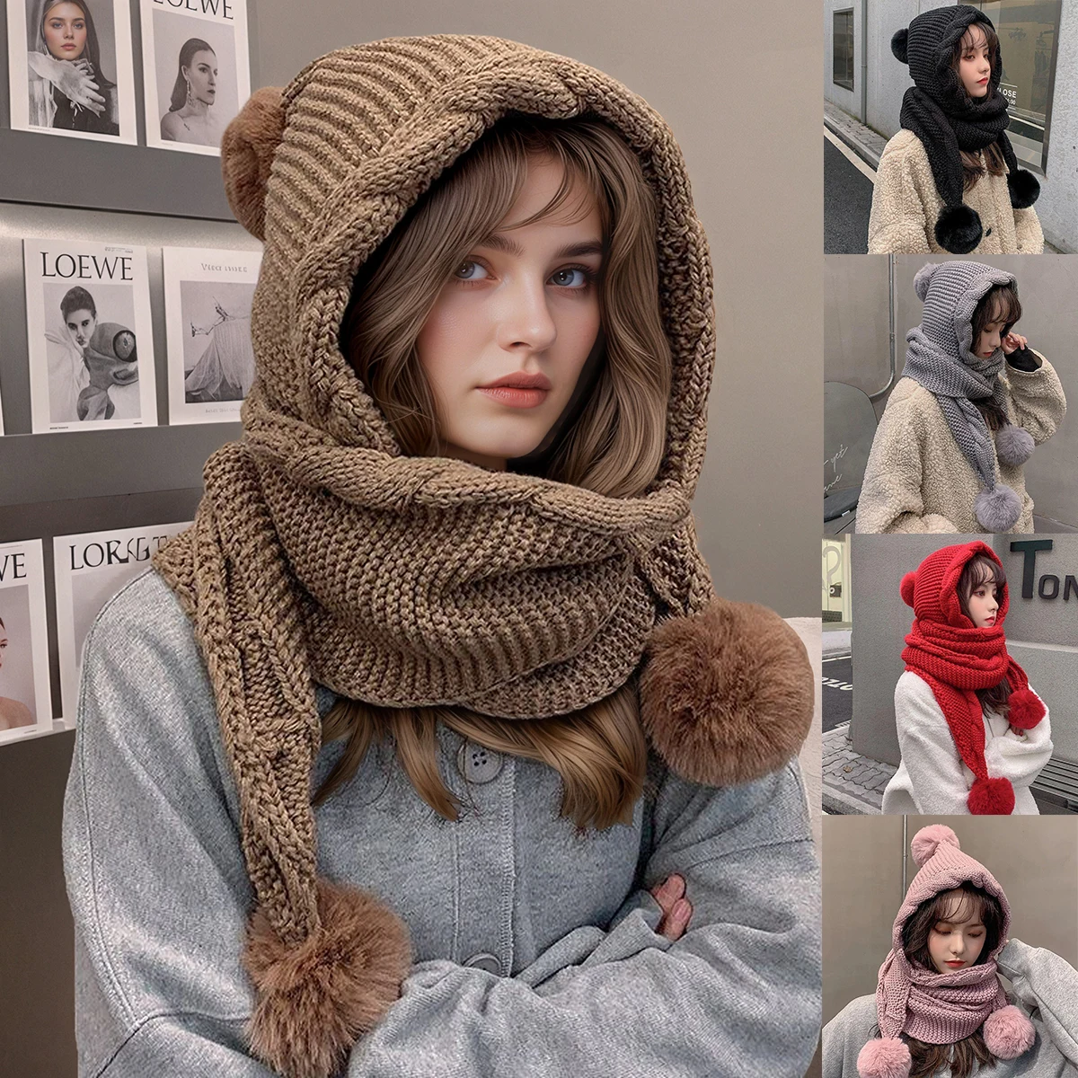 1pc Women's Knitted Hat With Scarf, Autumn/Winter Versatile, Cute Pom Pom, Ear Protection, Thick Warm Knit Beanie