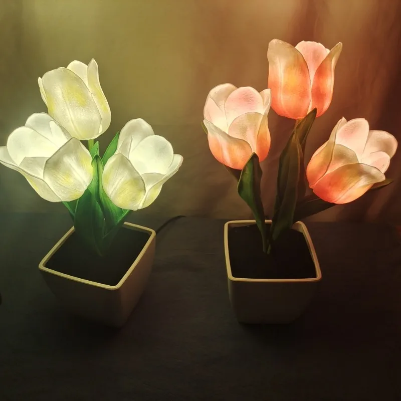 Tulipán luz de noche Led DIY flores lámpara de mesita de noche dormitorio lámpara de mesa ambiente decoración cálida lámpara de escritorio