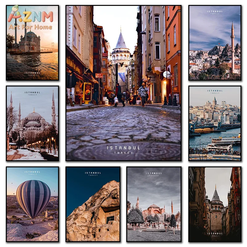 AZNM Istanbul Turkey Cityscape Canvas Wall Art Mosque Galata Tower Hot Air Balloon Travel Photo Print Unframed Canvas Painting f