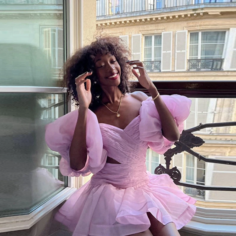 

Sweet Lavender Pealted Tulle Mini Women Summer Dress Off The Shoulder Puff Sleeves Ruffles Short Prom Gowns For Brithday Party