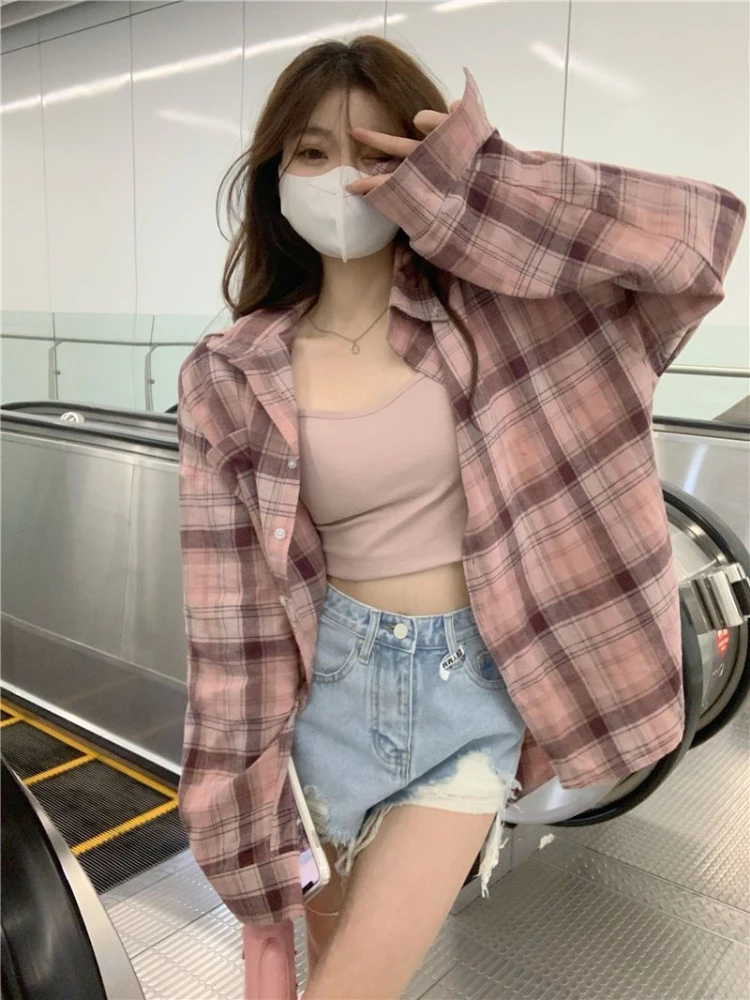 Women Plaid Shirts Casual Loose Korean Street Style Vintage Long Sleeve Schoolgirl Fashion Blusas Mujer Spring Summer Harajuku