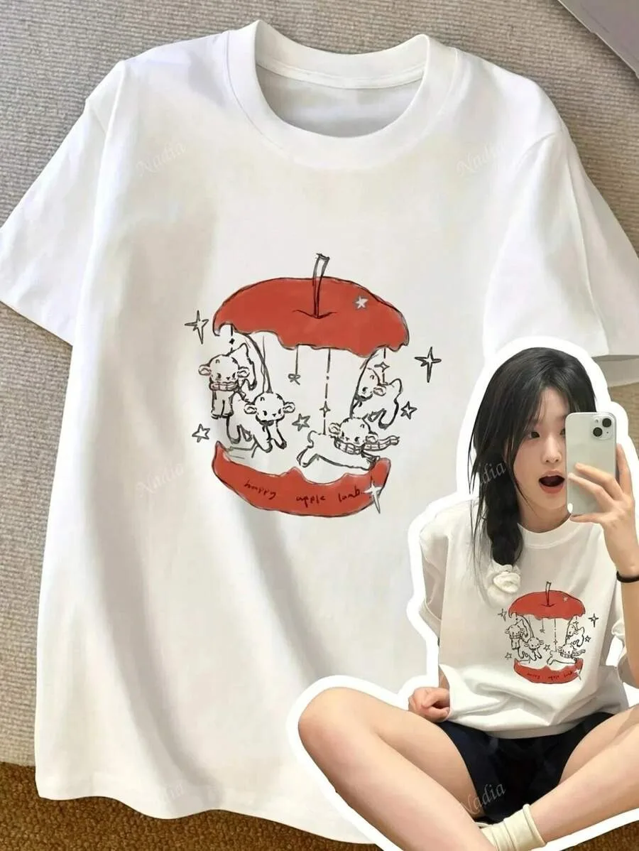 2025 Casual Fairy Tale Themed Tee White Short Sleeve with Unique Apple Print Cute T Shirt Clothing Tee Female Tops
