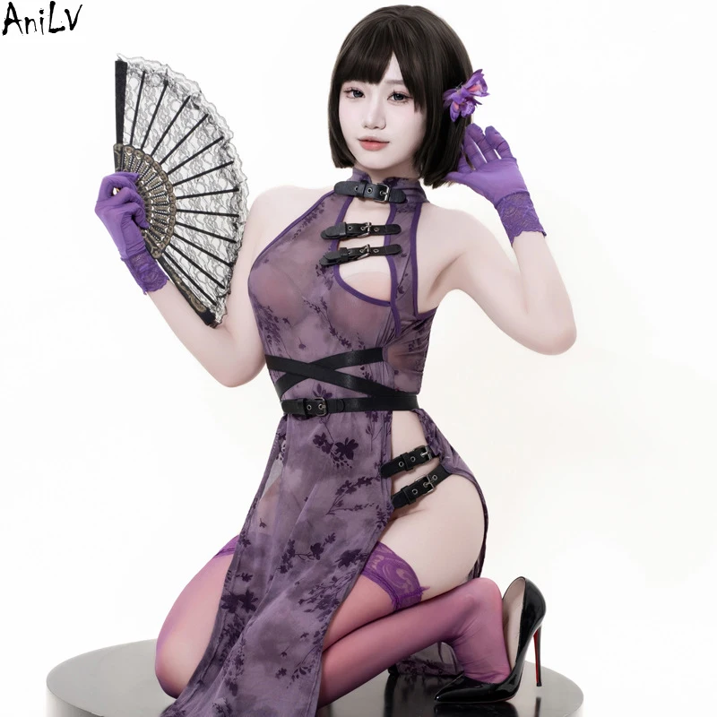 AniLV 섹시한 시스루 치파오 란제리 애니메이션 히로인 전투 유니폼 중국 치파오 드레스 잠옷 에로틱 코스튬 코스프레