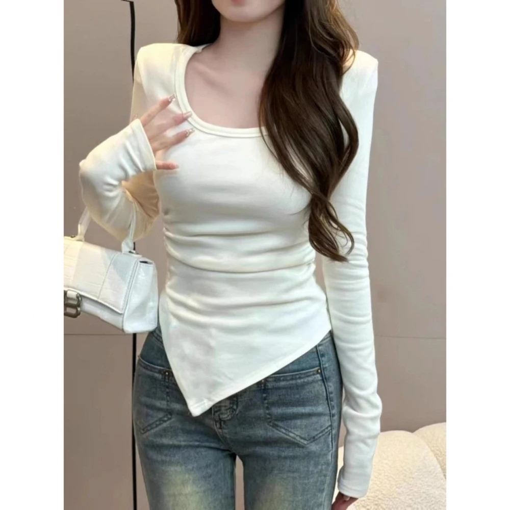 

Slim Fit Long Sve U-Ne Base irt Женская весенне-осенняя внутренняя одежда, облегающая асимметричная футболка