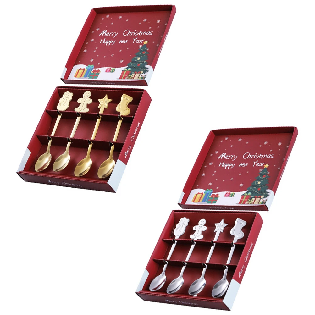

2set 2Sets Stainless Coffee Spoons Xmas Style Dessert Spoon Set For Tea Party Kitchen Use Kitchen Spoons Easy Clean