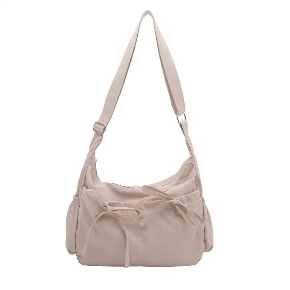 

Casual Pleated Bow Crossbody Bag Solid Color Multiple Pockets Nylon Shoulder Bag Lightweight Korean Style Hobo Bag Outdoor