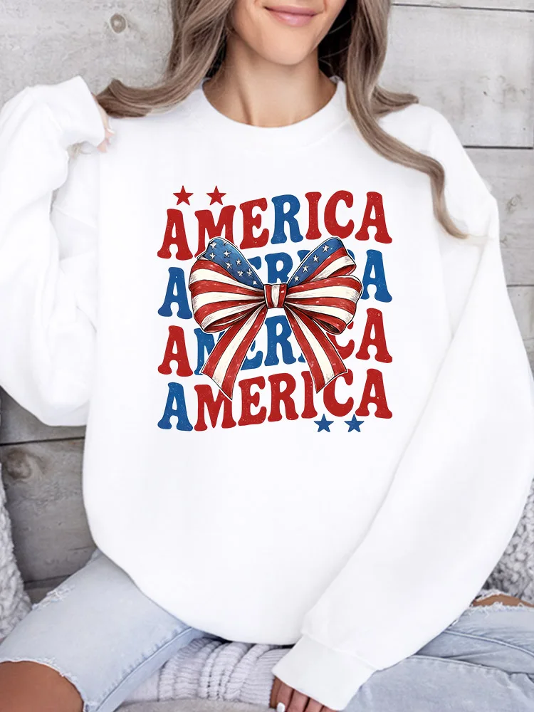 

Женская толстовка с принтом America with Bow, повседневный пуловер с длинным рукавом, свободный крой, уличный стиль для осени и зимы
