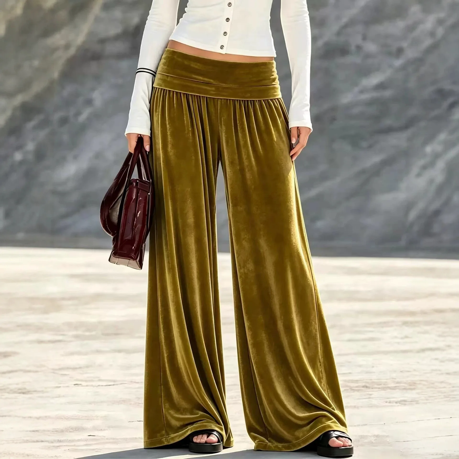 Women Velvet Wide Leg Pants High Waist Fold Over Pleated Loose Draped Floor Length Trousers Casual Autumn Winter Palazzo