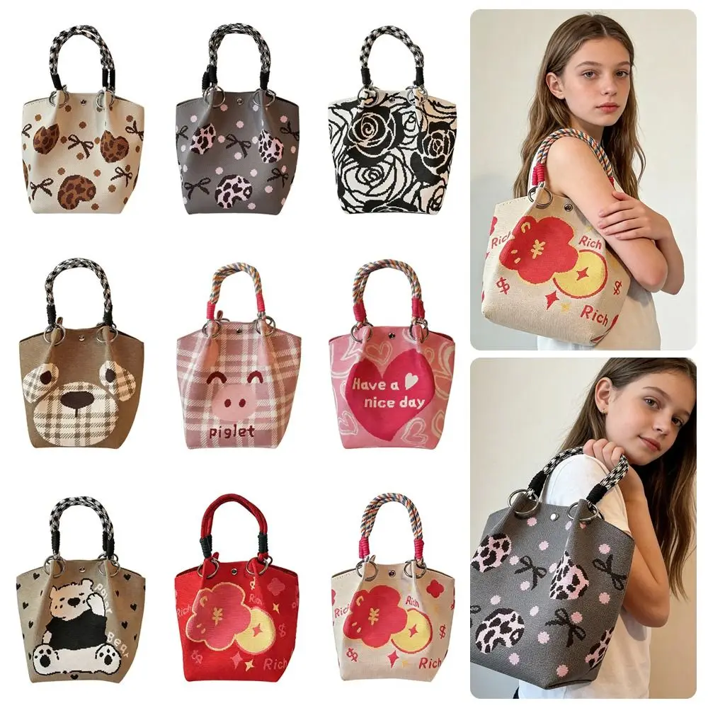 Fashion Cartoon Knitted Bucket Bag Handmade Woven Ring Buckle Wrist Bag Large Capacity Shoulder Bag for Women Girls