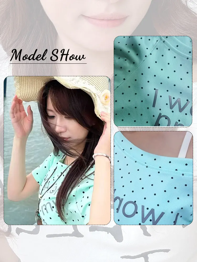 Korean Japanese style mint green polka dot letter print one-shoulder short sleeve t-shirt for women, new summer pure desire off-