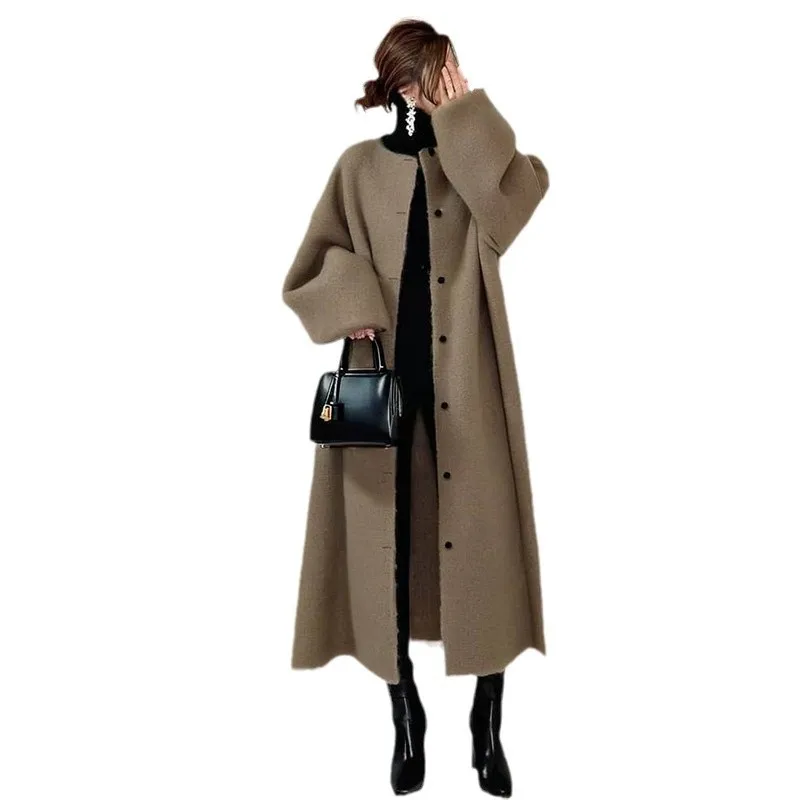 

Японское длинное шерстяное пальто с круглым вырезом и одной пуговицей, осенне-зимняя новинка, элегантное, простое и модное для женщин