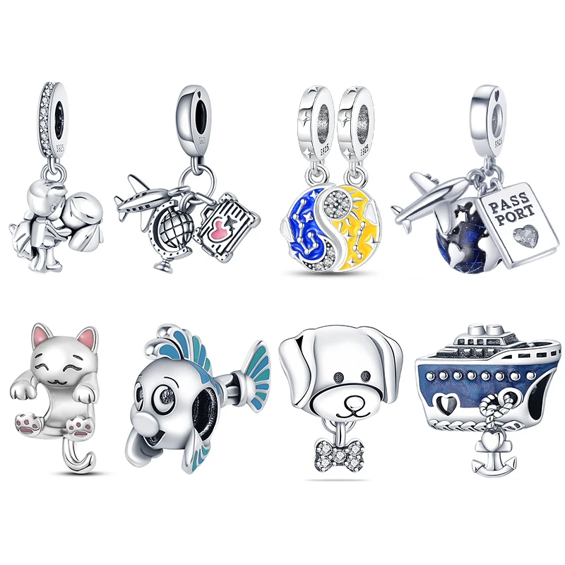 

Sun and Moon Three-piece Airplane Suitcase Plata De Ley 925 Silver Original Bracelet Women Hot Sale Charms Bead DIY Jewelry Gift