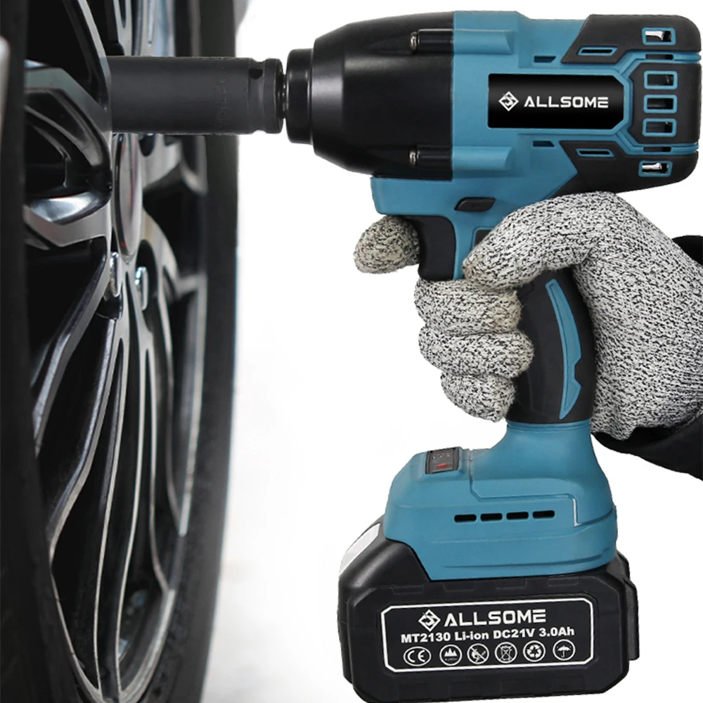 ALLSOME Impact Wrench 21V Electric Cordless Torque Wrench Brushless Socket Li-ion Battery Household Repair Power Tool