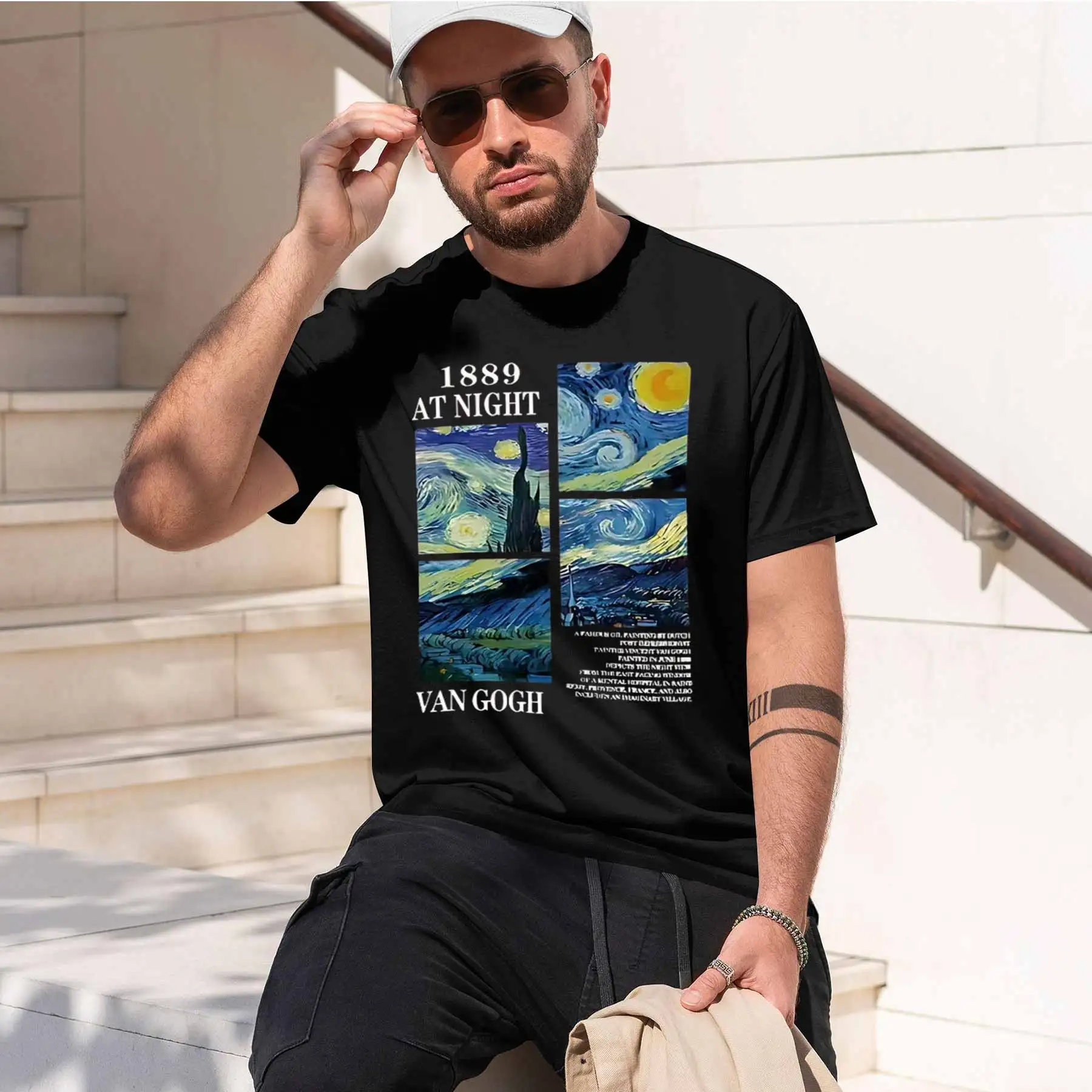 new printed T-shirt printed with  Men's Van Gogh The Starry Night Oil Painting Patchwork T-shirt RetroStyle Casual Tee