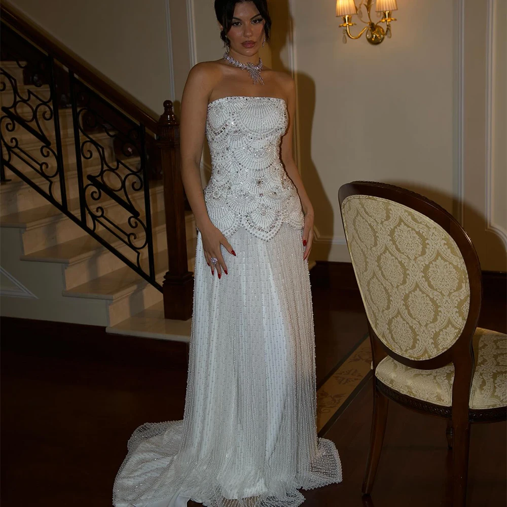 Weiße Luxus-Abendkleider, trägerlos, ärmellos, A-Linie, Ballkleid, Hochzeit, Empfang, Abschlussfeier, maßgeschneidert