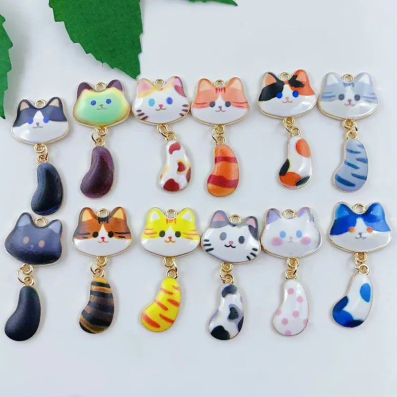 Randomly mix 10pcs cartoon cute animals little cats activity tails printed alloy DIY accessories necklaces keychains