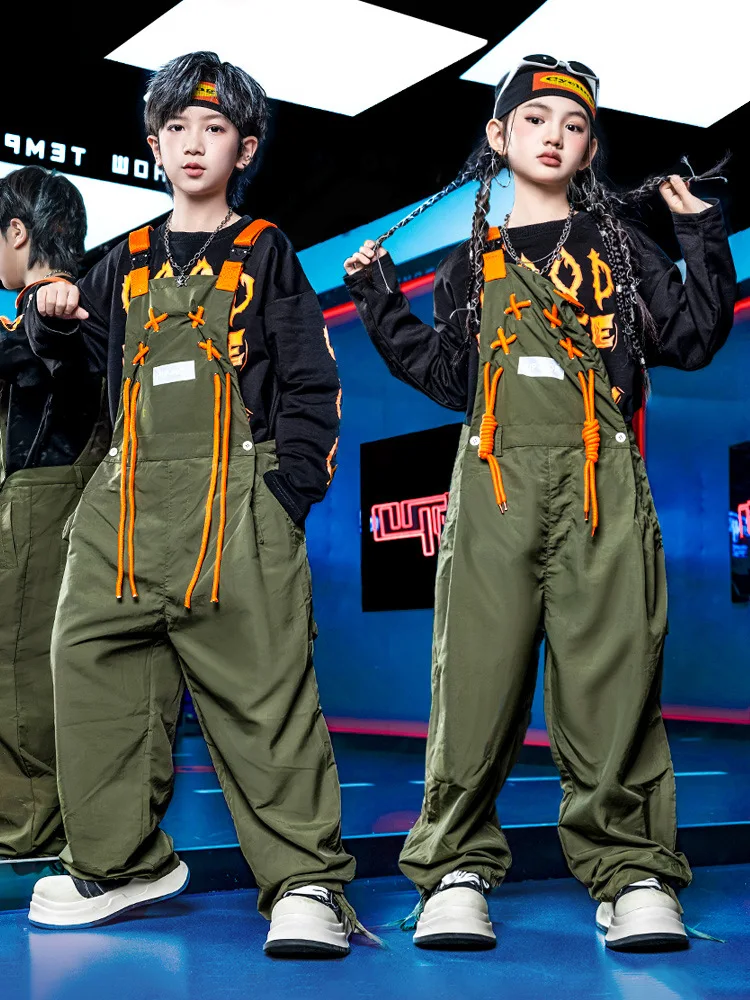 

Детская одежда в стиле хип-хоп Kpop, черный свитшот с буквами, армейский зеленый уличный галстук, нагрудники, брюки, комбинезон для девочек и мальчиков, танцевальный костюм, одежда