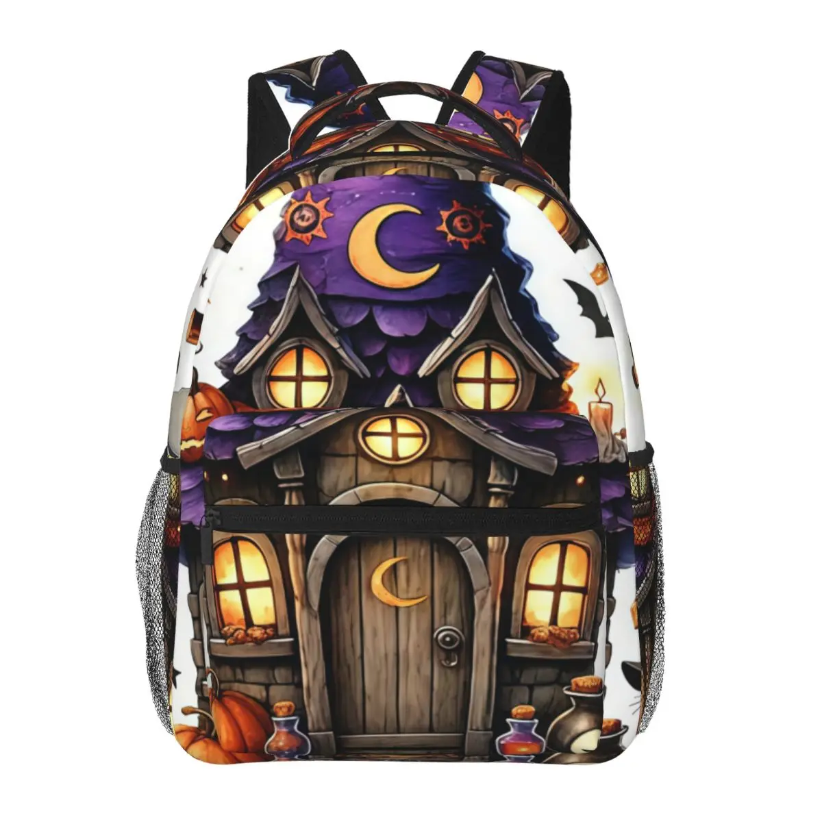Gothic Backpack Center Witch Hat House Pumpkin Cat Whimsical Halloween Illustration Purp Seasonal Bookbag for Teens Costume Boys
