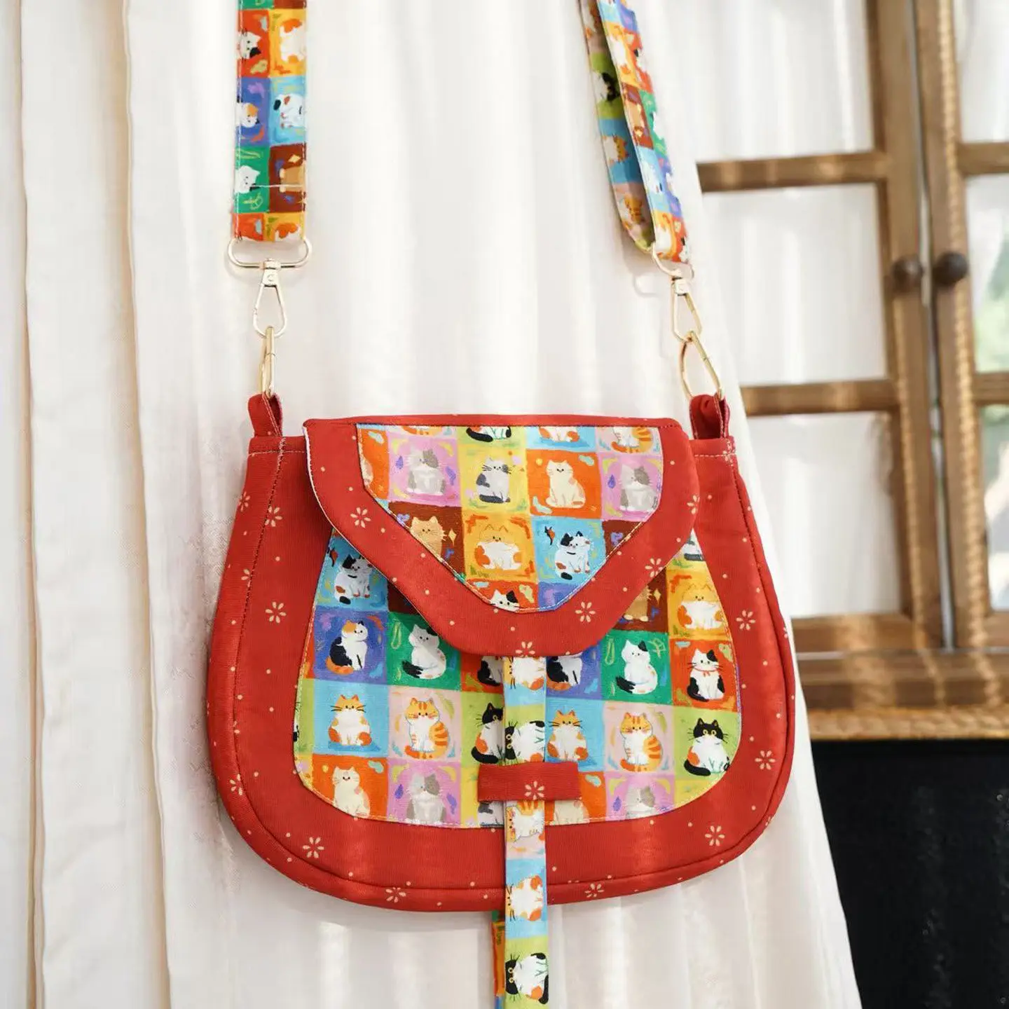 Summer Lively Girls Chinese Cos Hanfu Small Bag Sweet Printed Colorful Checkered Cat Cute Cotton Fabric Soft Casual Shoulder Bag
