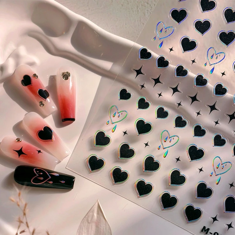 สีดํา Punk Star Heart เลเซอร์จังหวะ Dark ลมเซ็กซี่หยดน้ํากาวที่ละเอียดอ่อนตกแต่งเล็บสติ๊กเกอร์เล็บ Decals