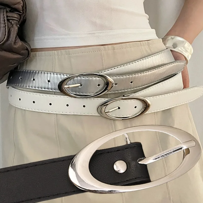 Retro Ellipse Buckle Belts Women Girls Solid Color Simple Alloy Belts Casual PU Leather Dress Long Waistband Fashion Accessories