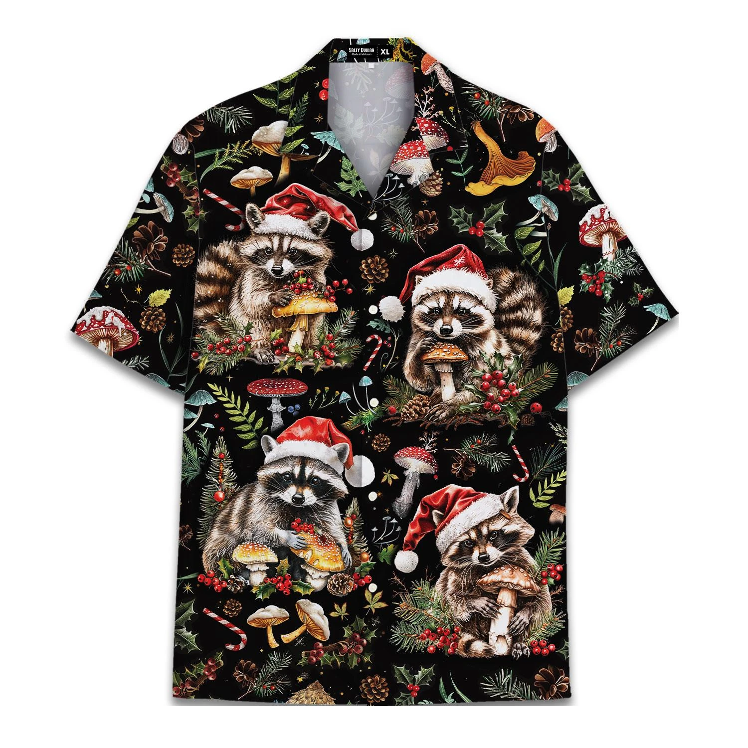 

Christmas Hat Animal Graphic Blouse Santa Hawaiian Shirt Men Women Youth, Funny Raccoon Cat Shirts Holiday Aloha Xmas Outfit