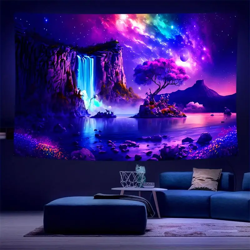 VIKAMA Purple Fantasy Galaxy Waterfall Pink Flower Tree Tapestry, Scenic Wall Hanging for Bedroom Living Room