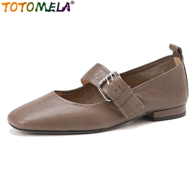 TOTOMELA Size 34-43 New Genuine Leather Shoes Women Flats Buckle Square Toe Mary Janes Flat Shoes Woman Ladies Office Dress Shoe