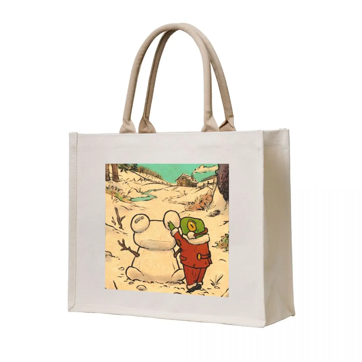 

Winter day frog building a snowman illustration Tote Bag reusable grocery bags shopping bag logo Cloth bags