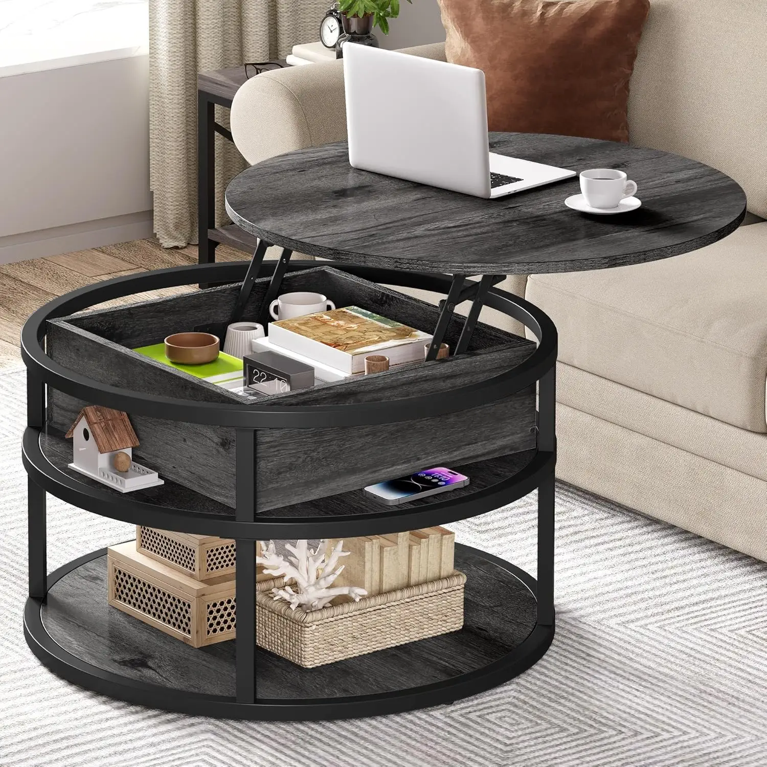 

Round Coffee Tables for Living Room, Lift Top Coffee Table with Storage, Farmhouse Wood Coffee Table, Circle Small, Customized