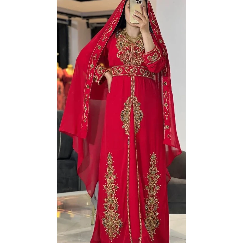 Red Morocco Dubai Kaftans Farasha Abaya Wedding Dress Fashion Long Dress European and American Fashion Trends